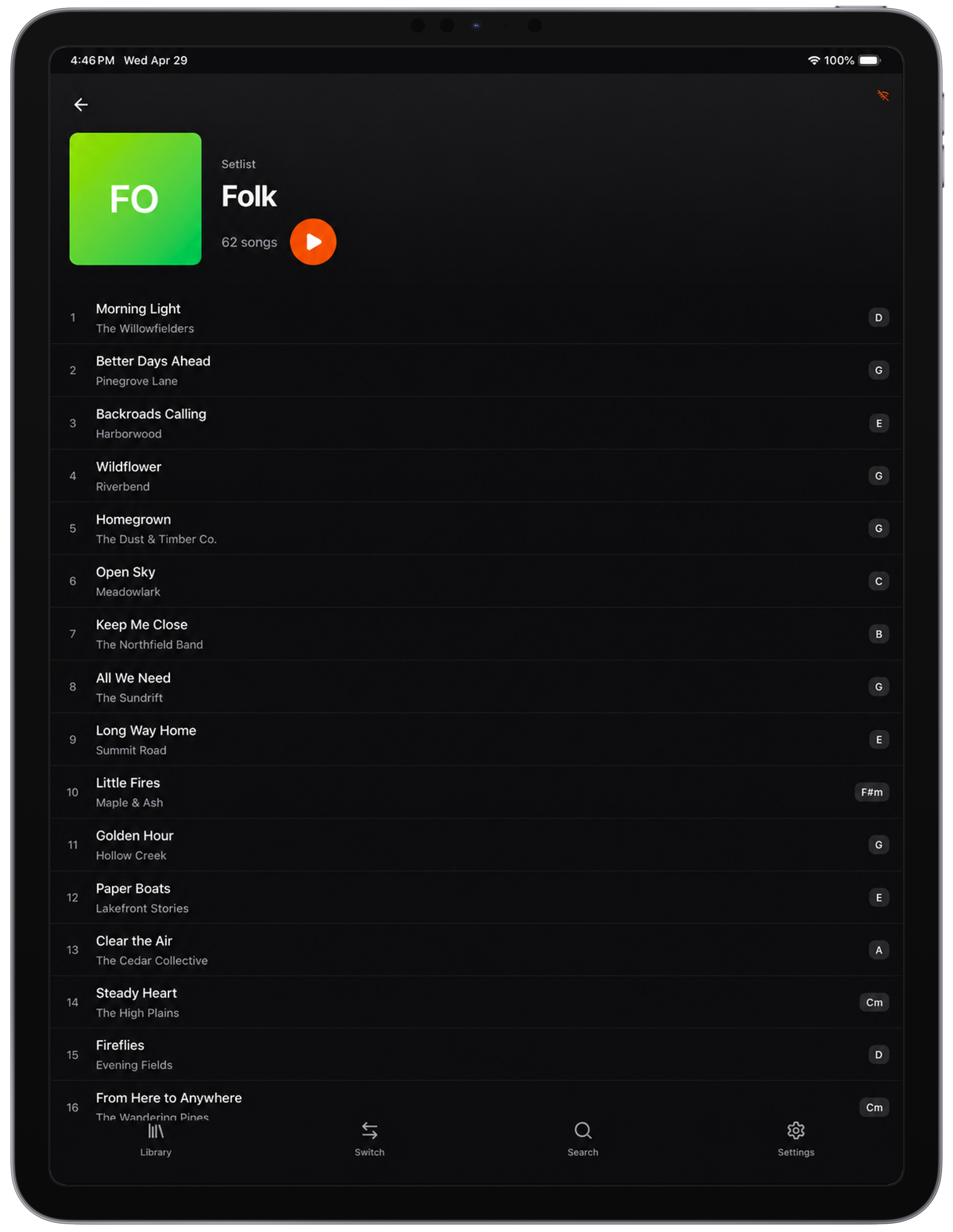goJam Folk setlist on iPad