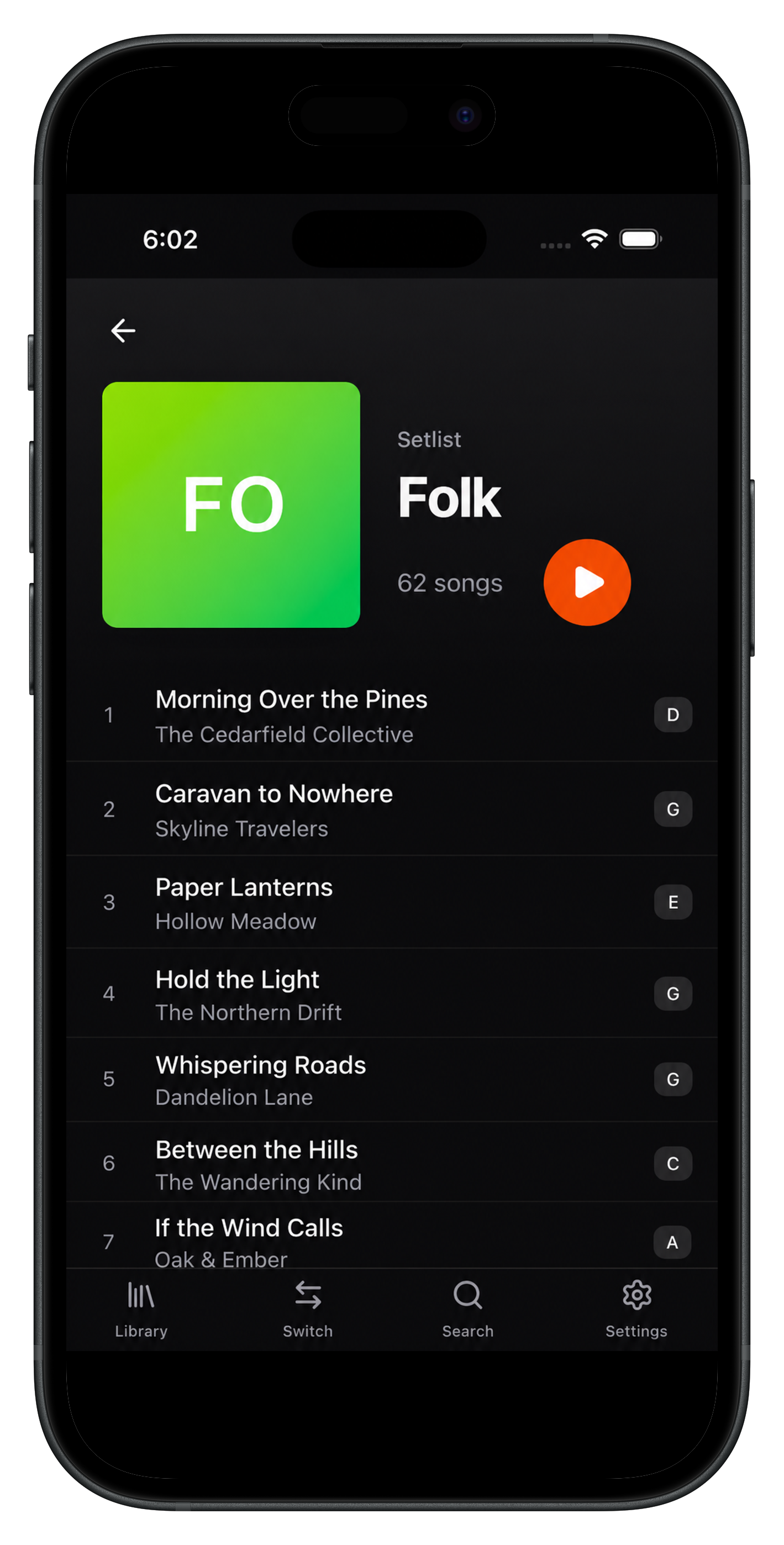 goJam Folk setlist on iPhone