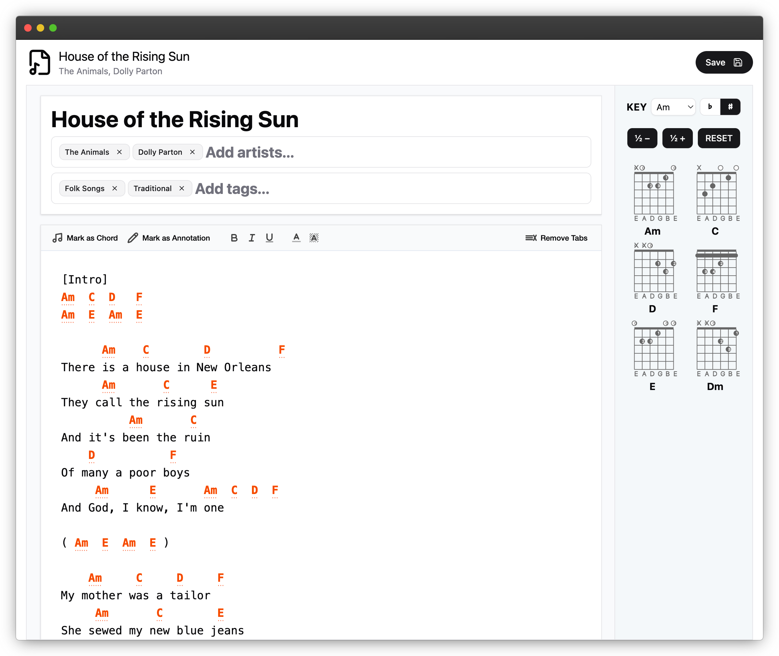 goJam editor in a browser showing House of the Rising Sun with chord diagrams
