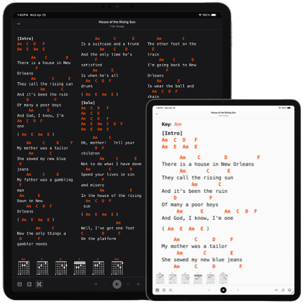 goJam on iPad and tablet showing chord charts