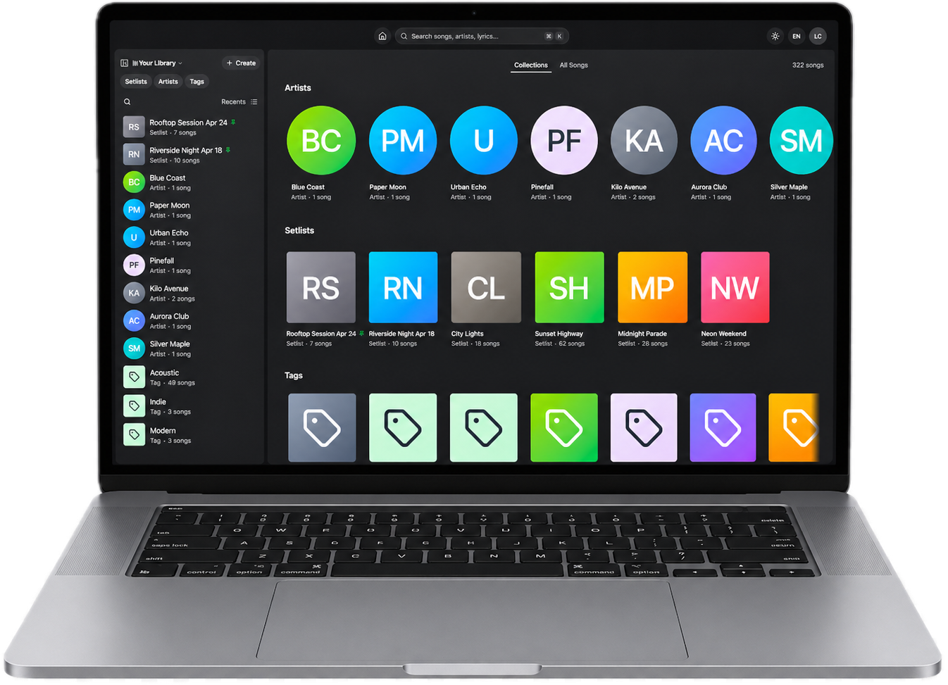 goJam library on a MacBook showing artists, setlists and tags