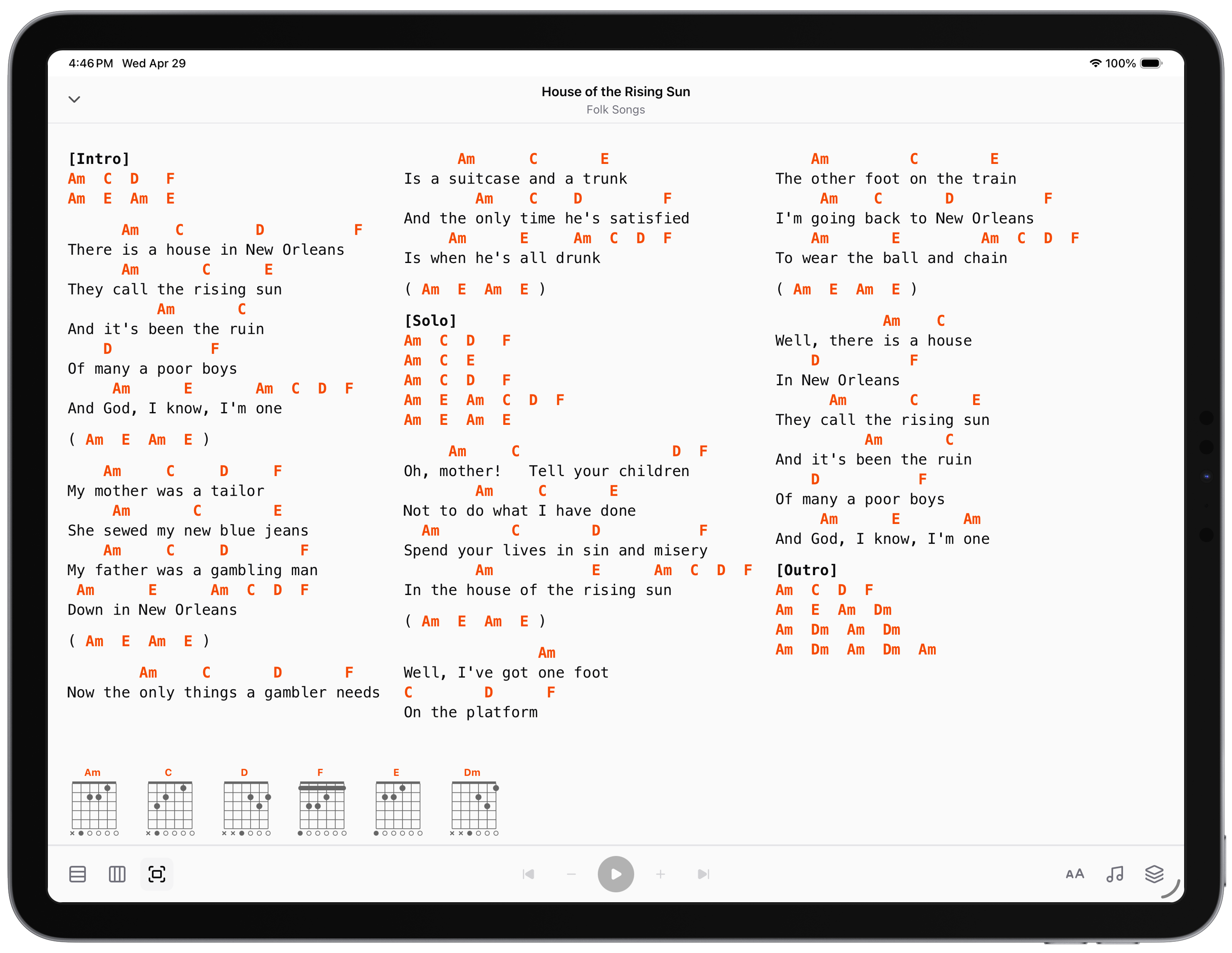 goJam Performance Mode on iPad showing House of the Rising Sun in three columns